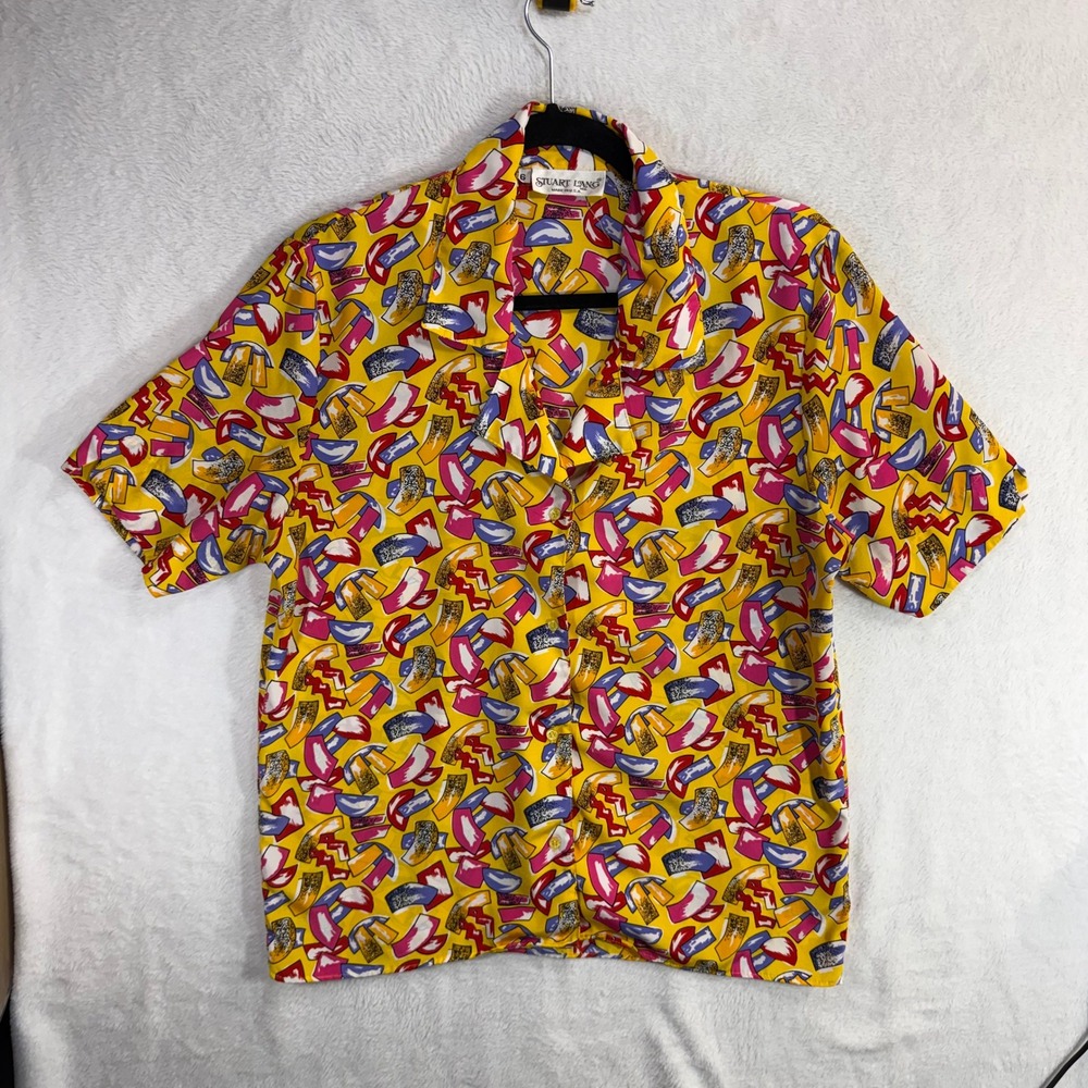 Vintage Stuart Lang 6 Yellow Abstract Print Blouse Top Camp Maximalist Artsy 80s